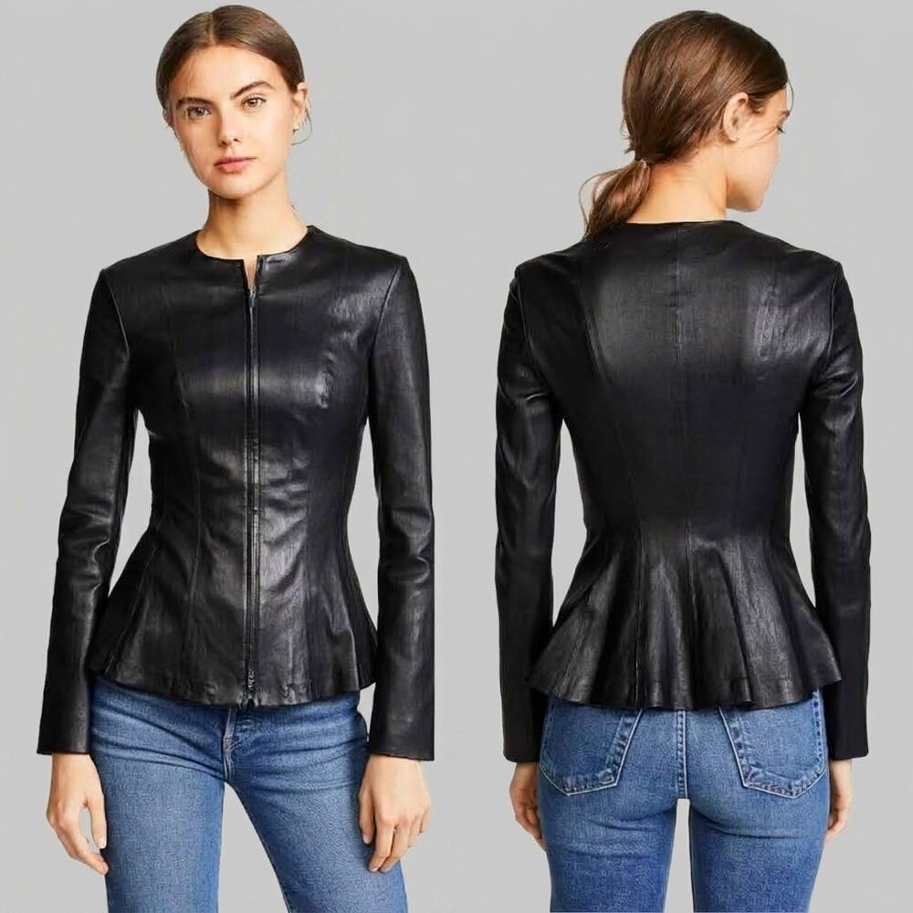 Theory Leather Jacket Movement Full Zip Peplum Black Size 4